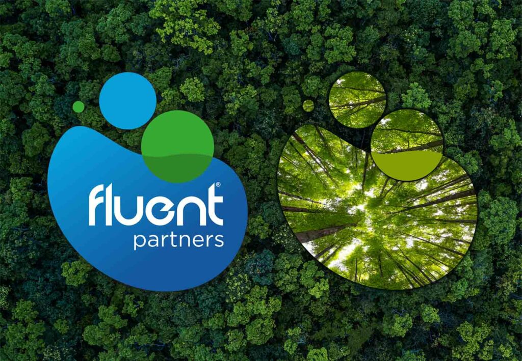 Fluent Partners logo with green foliage background