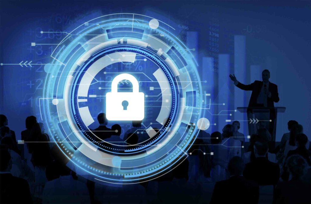 Digital security icon with padlock and technology interface