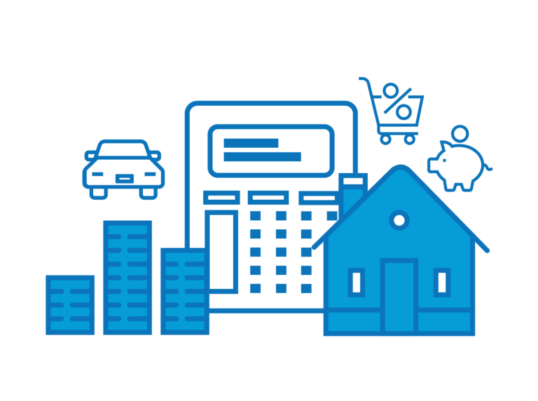 City buildings with finance and house icons
