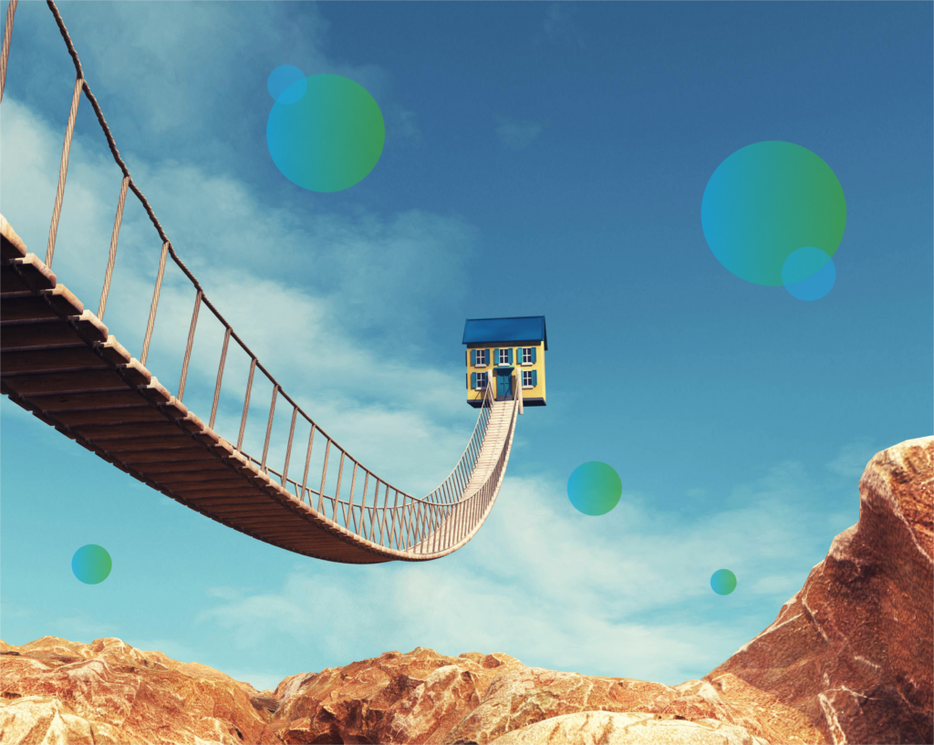 Bridge across canyon with floating house concept