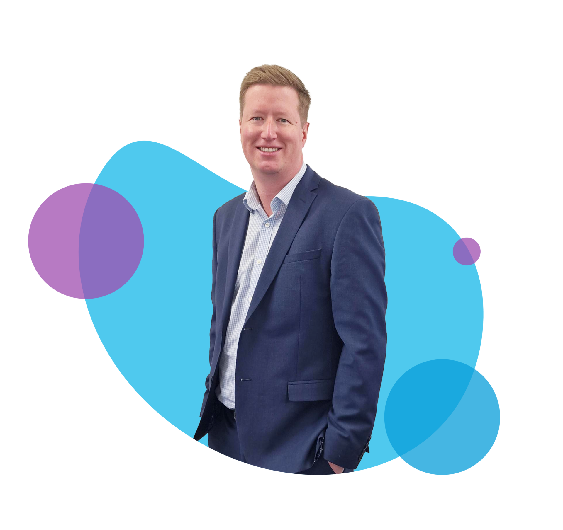 Man in suit smiling on blue background