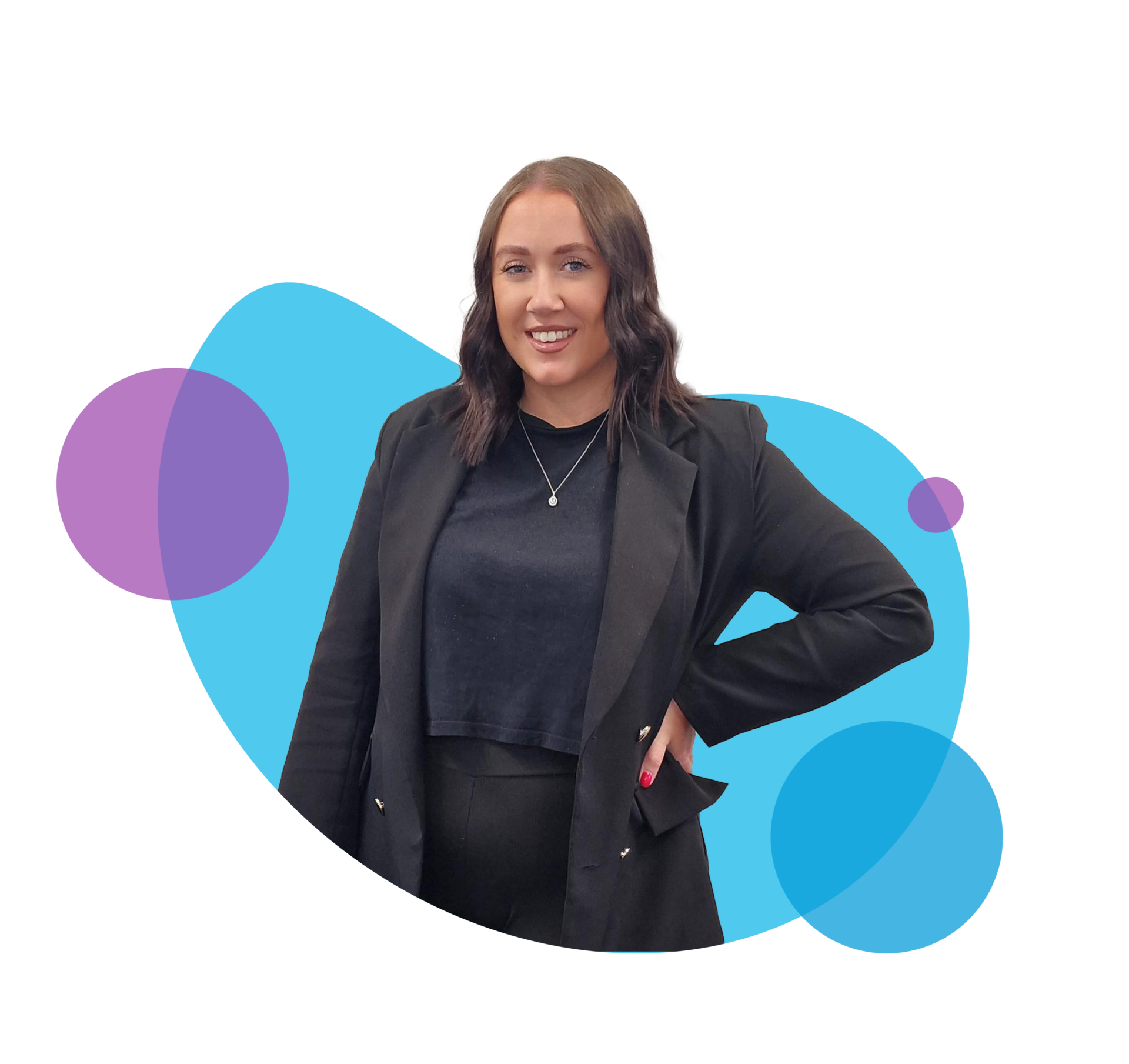 Woman in dark jacket smiling on plain background