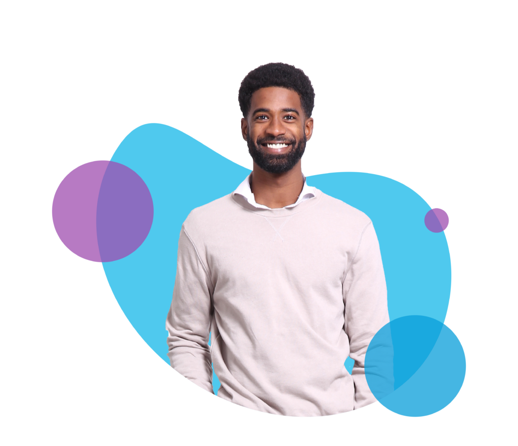 Man in white shirt smiling on abstract background