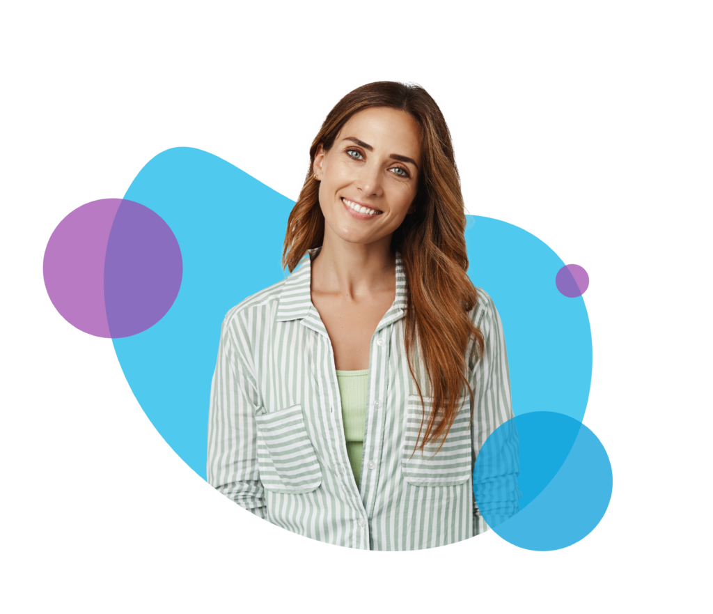 Woman in light shirt smiling on abstract background