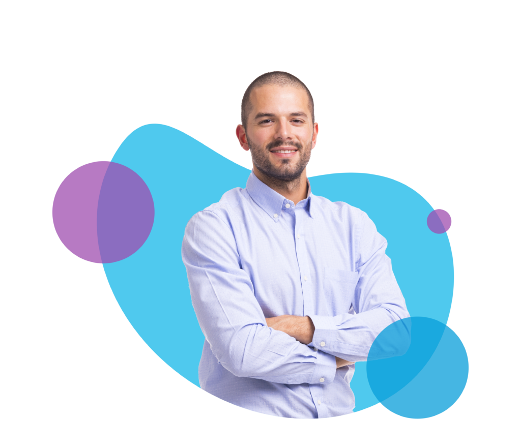 Man smiling with arms crossed on abstract background