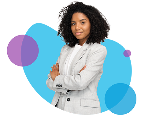 Woman in white blazer smiling on abstract background