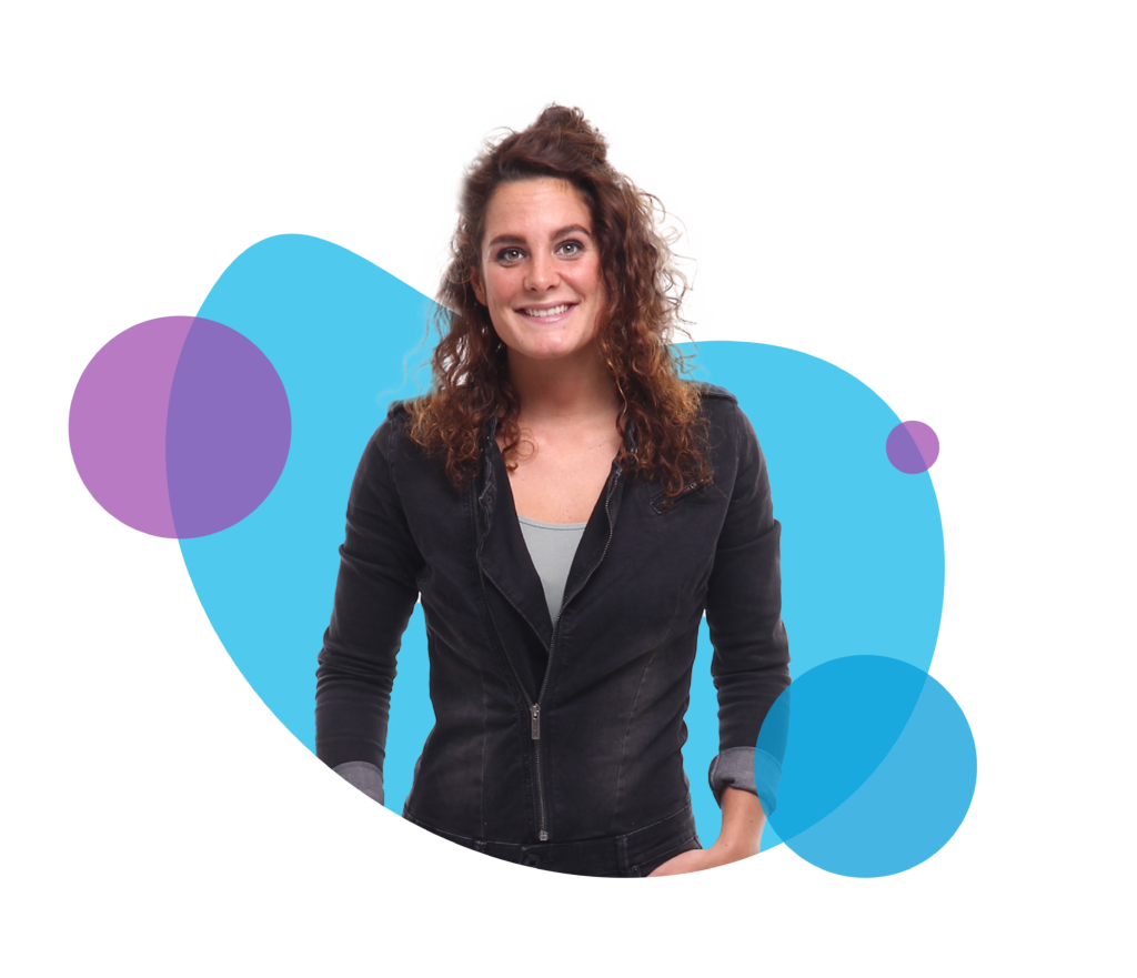 Woman smiling with hands on hips on abstract background