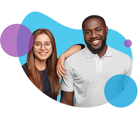 Woman and man smiling side by side on abstract background