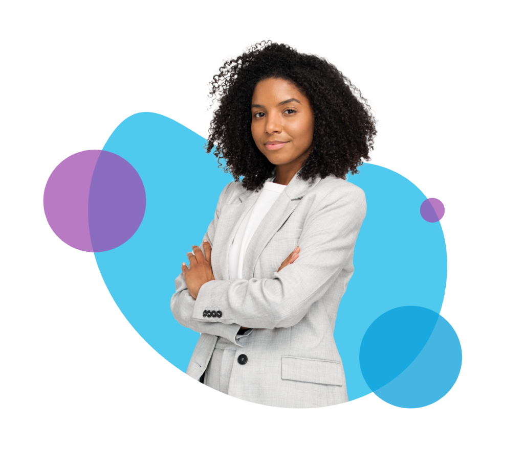 Woman with curly hair smiling with arms crossed on abstract background