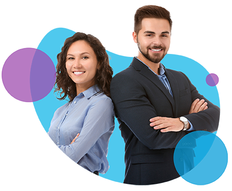 Man and woman smiling in professional attire on abstract background
