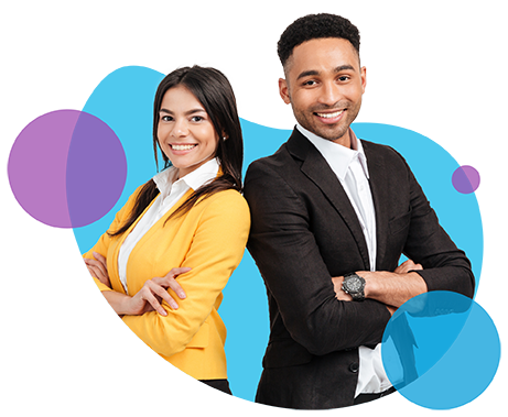 Man and woman smiling with arms crossed on abstract background